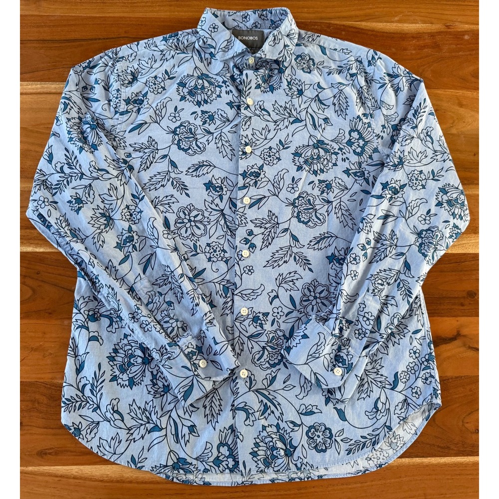 Bonobos Mens Standard Fit Floral Button Down Shirt Blue Long Sleeve Size M